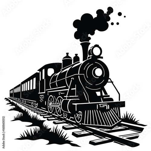 Black and white steam locomotive with train on tracks