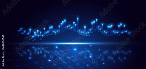 Finance chart stock market growth glowing light effect on dark blue background.