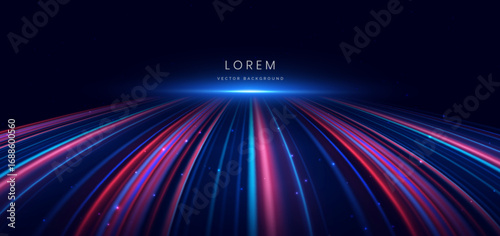 Abstract futuristic glowing neon multi color lines. Hi speed motion moving concept on dark blue background.