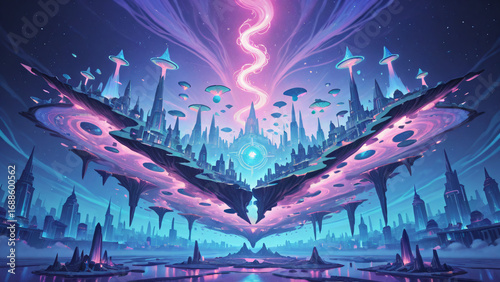 Fantasy city blending technology and nature