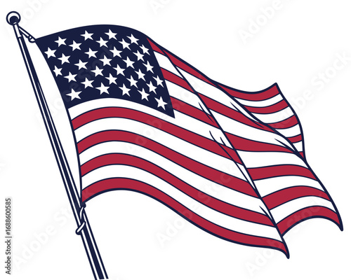 Waving American Flag with Clean Lines and Outline on White Background usa flag stars and stripes