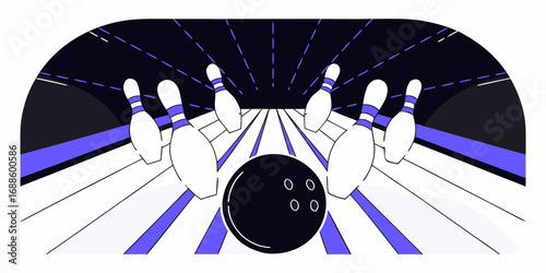 A bold and dynamic representation of a bowling ball about to strike a set of pins. The use of lines and contrasting colors emphasizes the ball's movement toward the pins. AI generated.