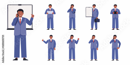 Collection of diverse businessmen posing in various professional scenarios with mobile phones and briefcase