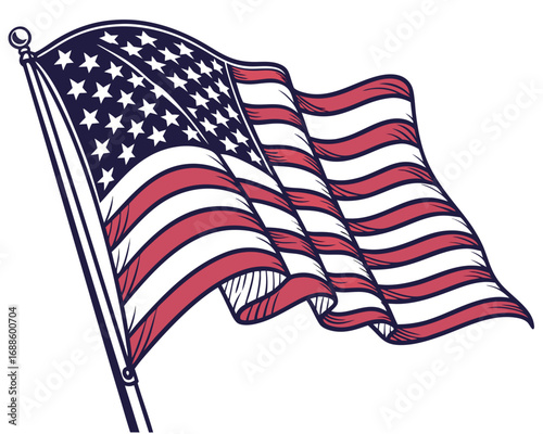 Waving American Flag Illustration with Stars and Stripes on a White Background Keywords: American flag, USA flag, stars and stripes, waving flag, patriotism, freedom, democracy, independence day