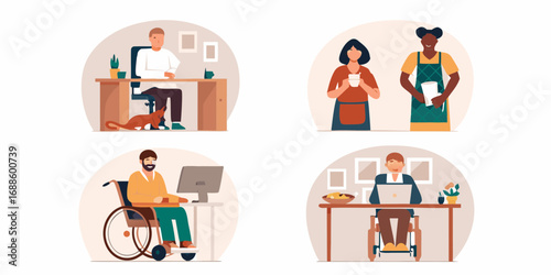 Diverse group of people working from home and in office settings including individuals with disabilities and pets