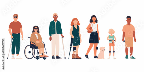 Diverse group of people with disabilities and a service dog standing together against a white background