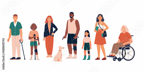 Diverse group of people with disabilities and a dog showcasing inclusivity and support