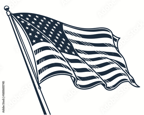 Black and White Line Art Illustration of a Waving American Flag on a White Background Keywords: American flag, USA flag, stars and stripes, waving flag, patriotism, freedom, democracy