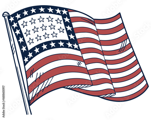 Stylized American Flag Waving on Pole with Stars and Stripes in Red White and Blue Outline usa flag united states flag