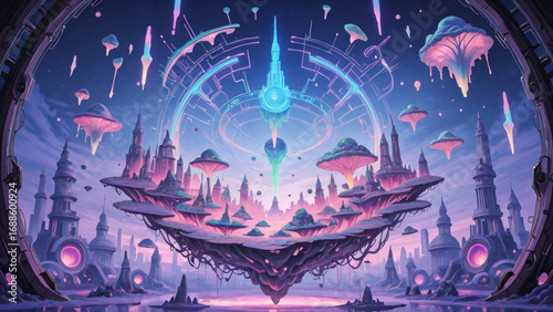 Fantasy city blending technology and nature