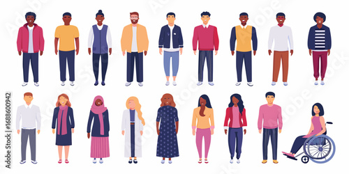 Diverse group of people standing together showcasing various ethnicities ages and abilities in casual clothing