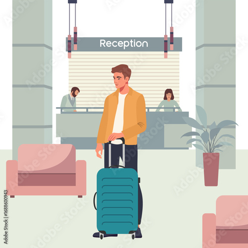 Man with suitcase in hotel lobby waiting for reception service. Travel and accommodation concept