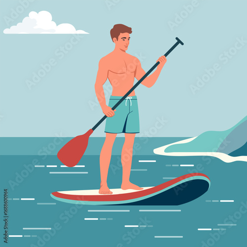 Man stand-up paddleboarding on ocean with clear sky background
