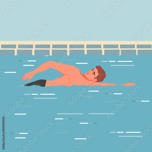 Swimming man practicing freestyle stroke in pool, featuring calm water and clear background
