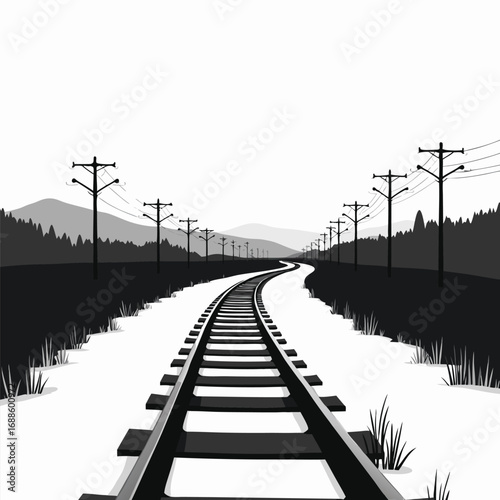 Black and white train tracks curving through a snowy landscape