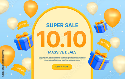 10.10 super sale promotional poster with balloons, gift boxes, and coupon banners in a festive blue and gold theme. Modern vector design for seasonal discounts. 3d vector illustration. Vector