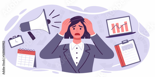 Stressed businesswoman overwhelmed by deadlines and work pressure with a megaphone and calendar