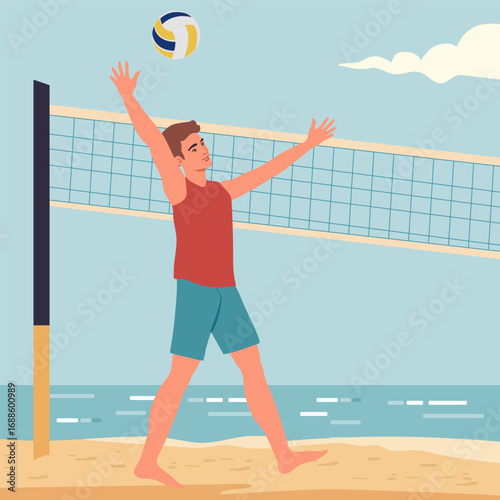 Beach volleyball game with player jumping to hit ball under clear sky, ocean in background
