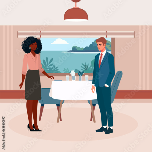 Business meeting between African American woman and Caucasian man in elegant restaurant setting