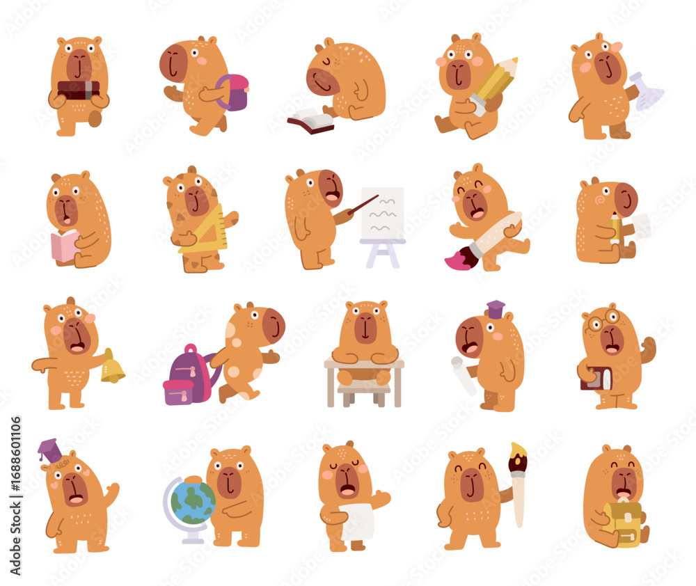 Fototapeta premium Capybara school character set in scandinavian style with different emotions and poses including reading, studying, drawing, painting, teaching, knowledge, learning, education, student, science