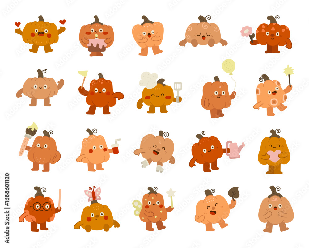 Obraz premium Pumpkin character set in scandinavian style showing different emotions and poses with birthday, holiday, celebration, valentine, cooking, studying, painting, gardening, sport, magic, and victory