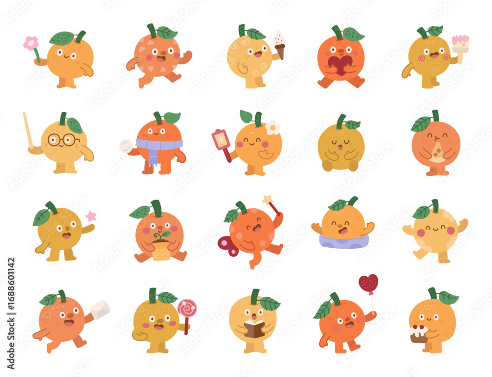 Fototapeta premium Orange character set in scandinavian style showing many different emotions and poses with food, dessert, holiday, valentine, studying, fairy, celebration, resting, swimming, birthday
