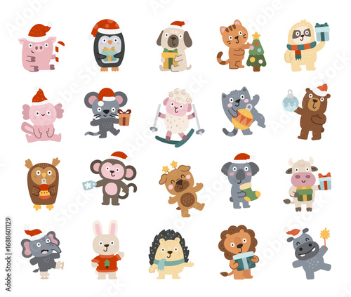 Christmas animal character set in scandinavian style showing many different emotions and funny poses with holiday, festive mood, winter celebration and gift giving activities