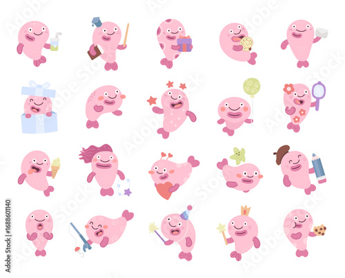 Blobfish character set in scandinavian style showing different emotions and poses with holiday, celebration, birthday, magic, teacher, study, fishing, fashion, dessert, beverage, valentine