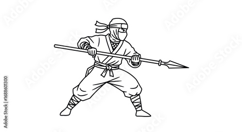 Black and White Ninja Holding a Spear, Ready for Action.