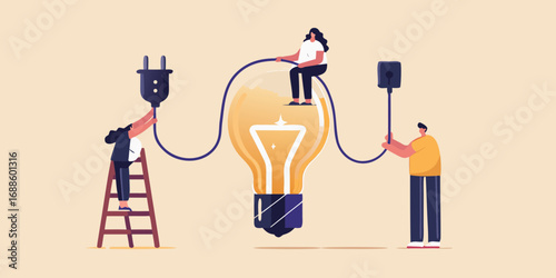 Teamwork and collaboration to generate a bright idea or innovation with a light bulb