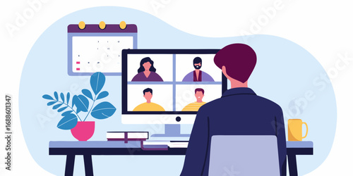 Person participating in a video conference call with colleagues on a computer screen at home office desk