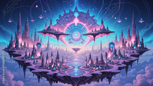 Fantasy city blending technology and nature