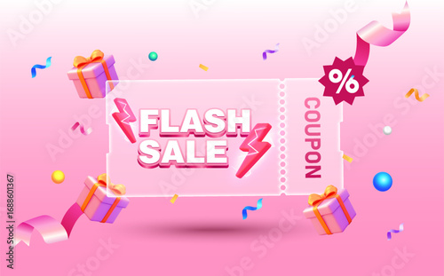 Vibrant pink flash sale coupon with bold 3D text, lightning icons, gift boxes, and festive confetti elements on a pink gradient background. Valentine flash sale gift voucher banner in vector. Vector
