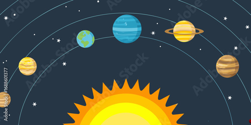 Stylized illustration of the solar system with the sun and planets orbiting in space