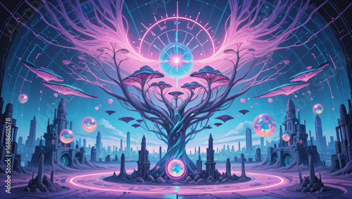 Fantasy city blending technology and nature