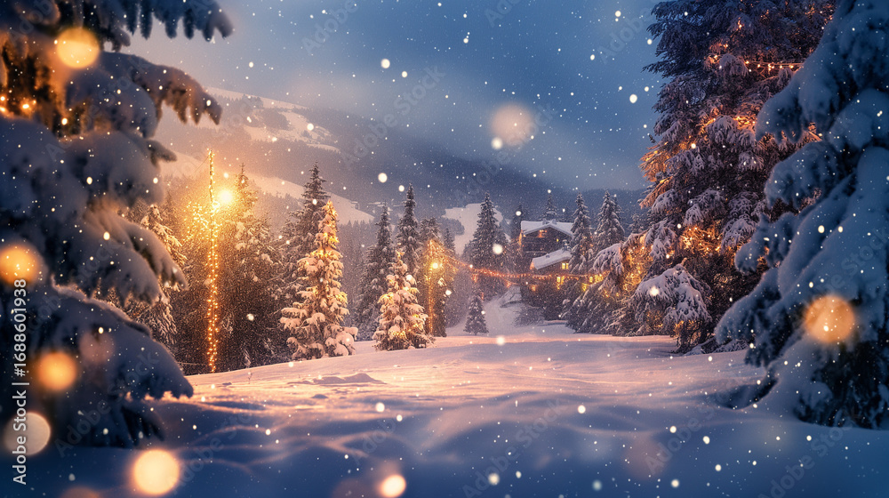 Fototapeta premium Snowy winter landscape with pine trees and Christmas lights, magical atmosphere.