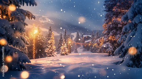 Snowy winter landscape with pine trees and Christmas lights, magical atmosphere.