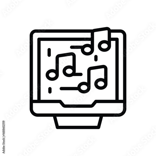 A monitor displays music notes one partially overlapping the screens edge. Editable stroke. Vector icon illustration