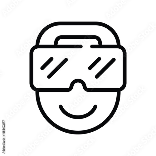 A person wearing a VR headset and smiling rendered as a simple line drawing. Editable stroke. Vector icon illustration