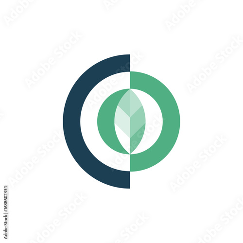 Abstract circular logo with leaf shape inside, green and blue modern eco friendly branding identity design