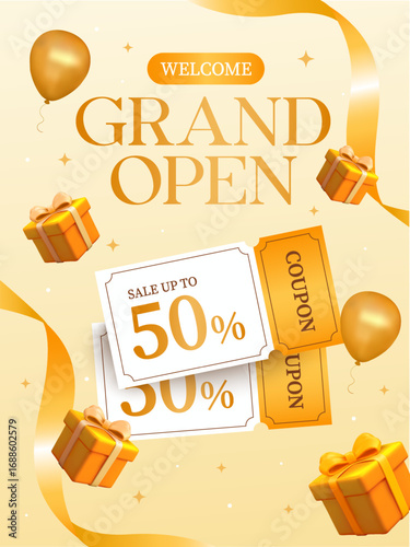 Golden grand opening promotional poster with discount coupons featuring sale up to 50% offer, balloons and ribbons, gift boxes. 3d gift voucher banner template in vector illustration. Vector