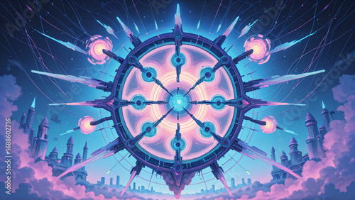 Fantasy city blending technology and nature