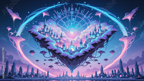 Fantasy city blending technology and nature