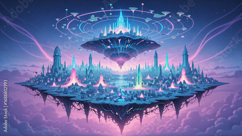 Fantasy city blending technology and nature