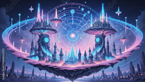 Fantasy city blending technology and nature