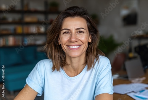 A smiling woman with shoulder-length brown hair and a light blue shirt sits indoors, a bookcase and furniture blurred in the background Free Download A smiling woman with shoulder-length brown hair and a light blue shirt sits indoors, a bookcase and furniture blurred in the background - GFXLoad