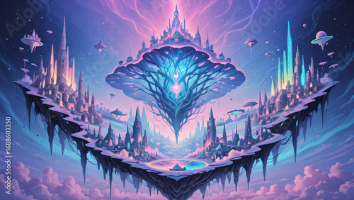 Fantasy city blending technology and nature