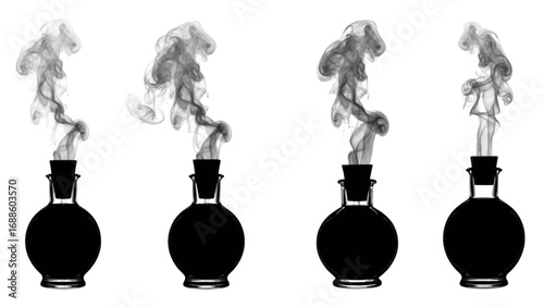 Witch’s Potion Bottles with Sparkling Smoke, Halloween Silhouette Vector on Transparent Background