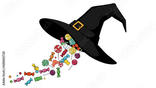 Witch Hat with Candy Spilling Out, Halloween Silhouette Vector on Transparent Background
