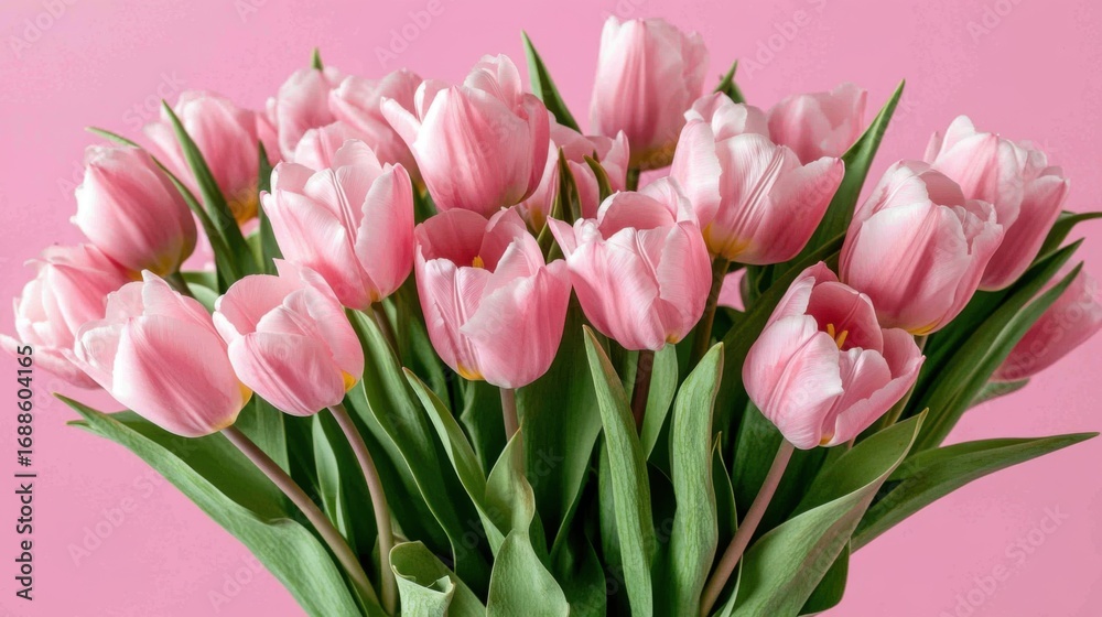 Fototapeta premium Elegant display of pastel pink tulips against a matching delicate backdrop